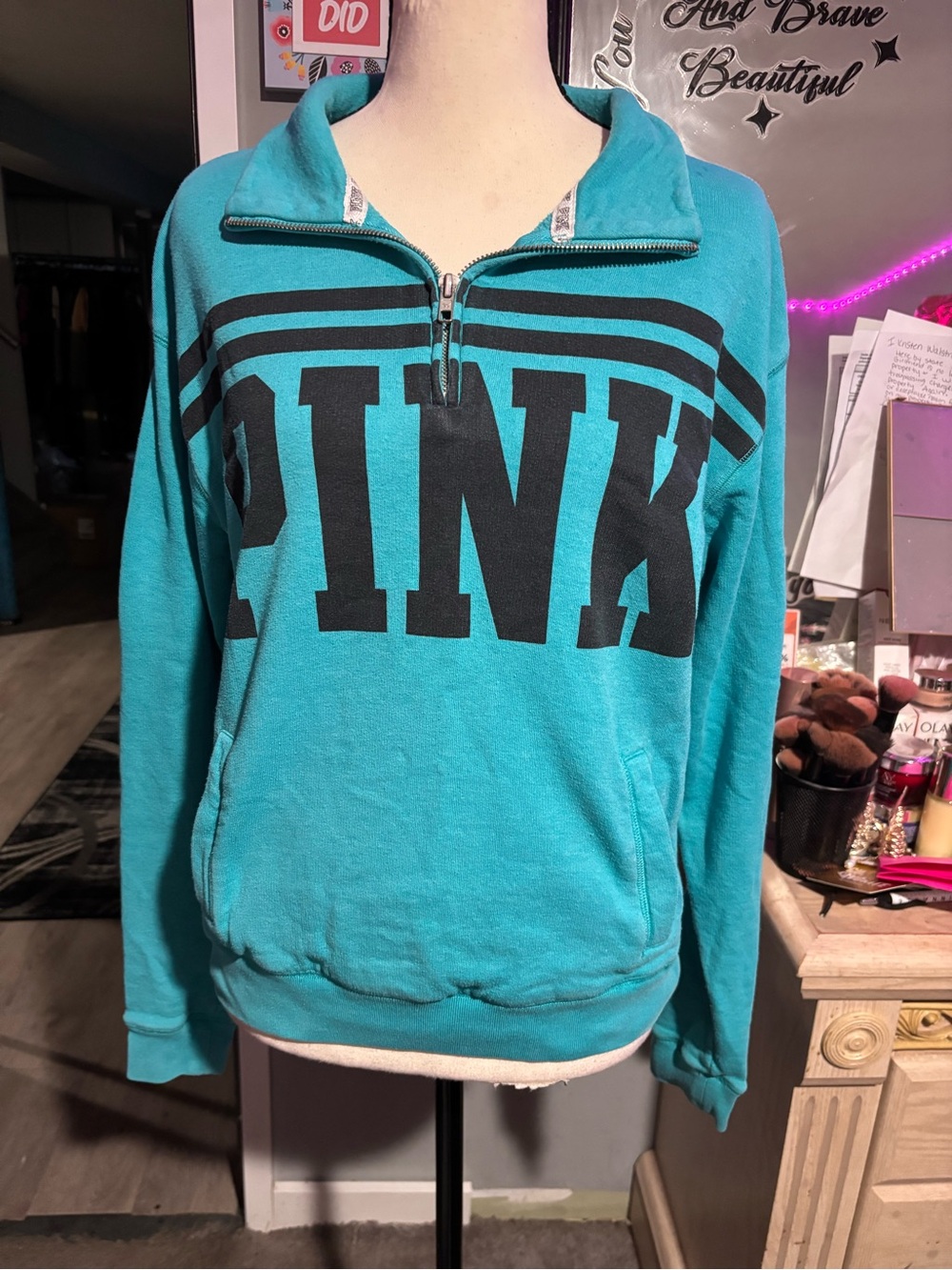 PINK Teal Quarter-Zip Pullover with Black Logo